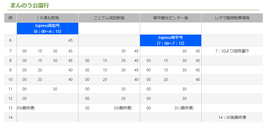 高松駅シャトルバス時刻表
