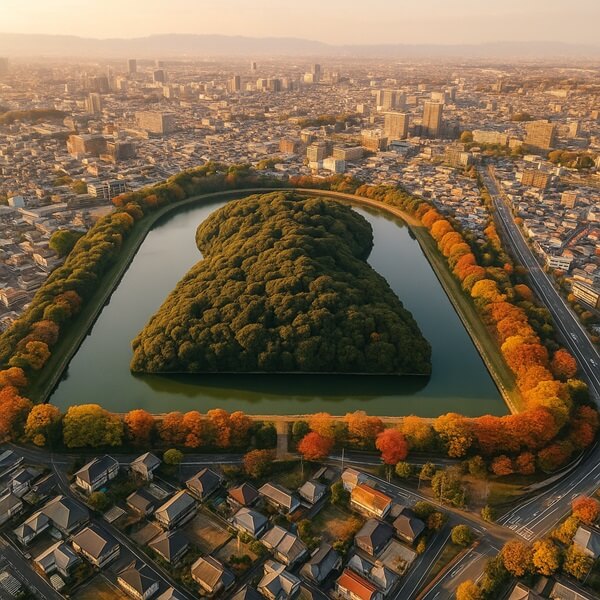 堺の古墳（仁徳天皇陵）を気球から眺めたイメージ画像