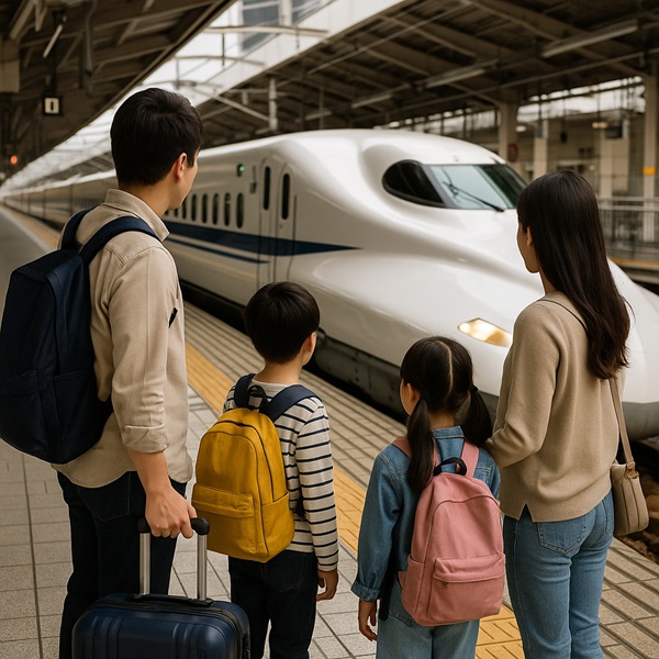 東海道新幹線のホームで家族が待つイメージ(自由席の混雑状況解説)