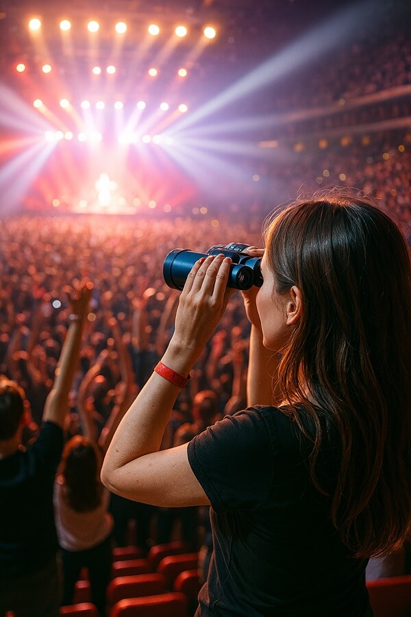 双眼鏡でライブを見る女性